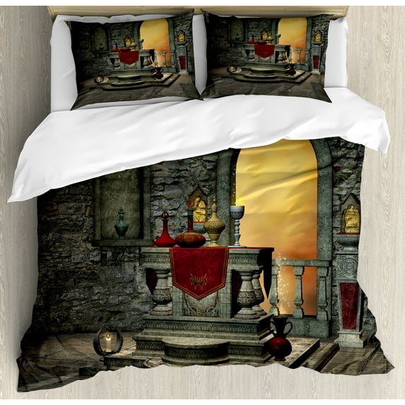 Gothic Duvet Cover Set, Altar Table in Castle Baroque Era Inspired Alchemy Wizard Design, Decorative 3 Piece Bedding Set with 2 Pillow Shams, King Size, Reseda Green Mustard, by Ambesonne