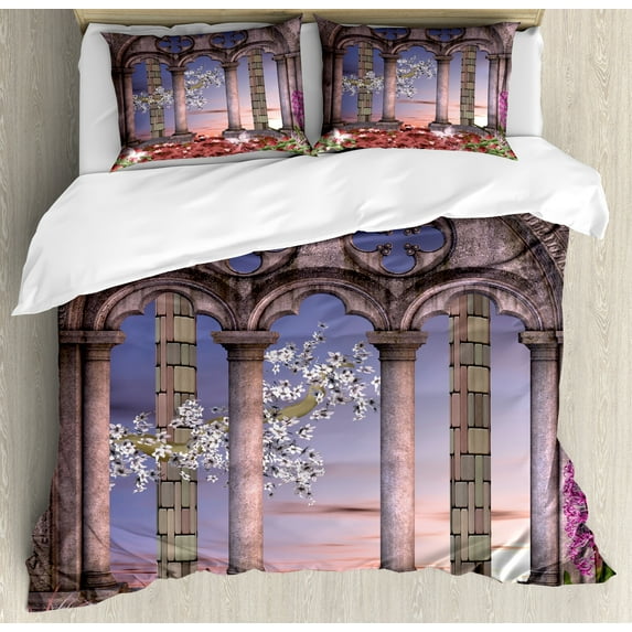 Gothic Duvet Cover Set, Colonnade in Secret Garden with Flowers at Sunset Enchanted Forest, Decorative 3 Piece Bedding Set with 2 Pillow Shams, Queen Size, Lilac Grey Blue, by Ambesonne