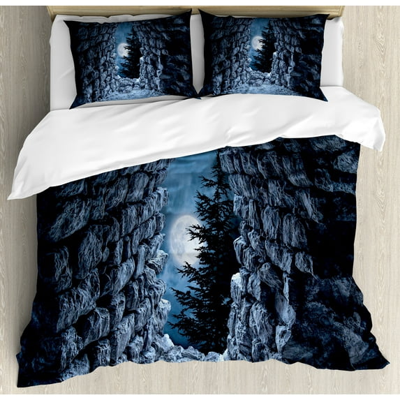 Gothic Duvet Cover Set, Dark Cave the Full Moon at Night Scary Horror Medieval Art Print, Decorative 3 Piece Bedding Set with 2 Pillow Shams, King Size, Blue Grey, by Ambesonne