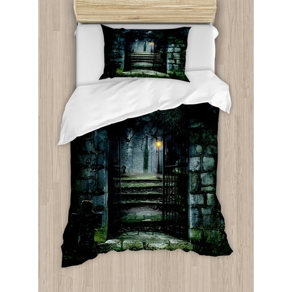 Gothic Duvet Cover Set, Image of the Door of a Dark Old Haunted House Cemetery Dead Myst Fiction Art Print, Decorative 2 Piece Bedding Set with 1 Pillow Shams, Twin Size, Green Grey, by Ambesonne