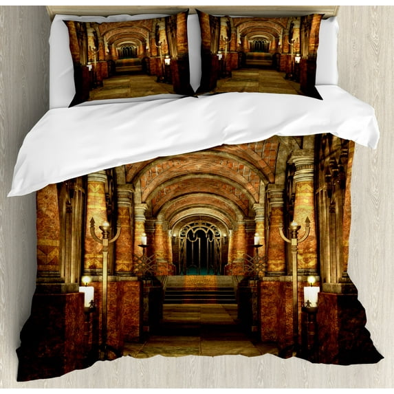 Gothic Duvet Cover Set King Size, Ancient Passage with Stairways Secret Gateway Mystical Pillars Medieval Temple Theme, Decorative 3 Piece Bedding Set with 2 Pillow Shams, Red Brown, by Ambesonne