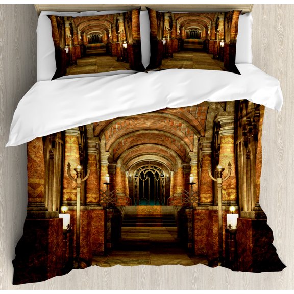 Gothic Duvet Cover Set King Size, Ancient Passage with Stairways Secret Gateway Mystical Pillars Medieval Temple Theme, Decorative 3 Piece Bedding Set with 2 Pillow Shams, Red Brown, by Ambesonne