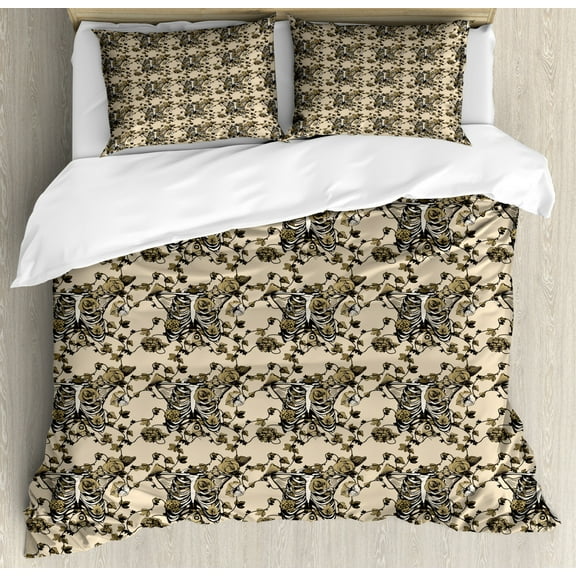 Gothic Duvet Cover Set King Size, Chest Bones Ribcage Flowers Butterflies Autumn, Decorative 3 Piece Bedding Set with 2 Pillow Shams, Pale Mustard Dark Mustard Charcoal Grey Eggshell, by Ambesonne