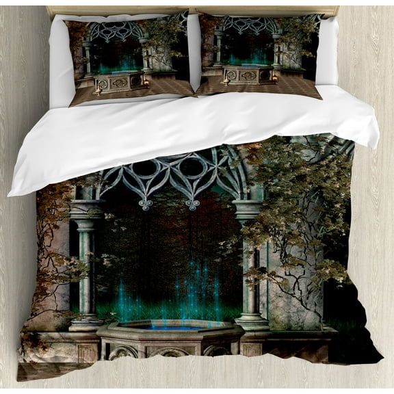 Gothic Duvet Cover Set King Size, Mystical Patio with Enchanted Wishing Well Ivy on Antique Gateway to Magical Forest, Decorative 3 Piece Bedding Set with 2 Pillow Shams, Grey Teal, by Ambesonne