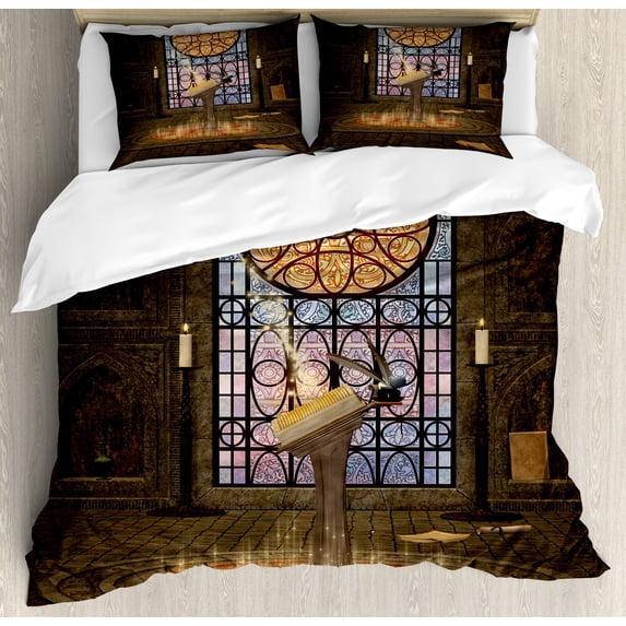 Gothic Duvet Cover Set, Lectern on Pentagram Medieval Architecture Candlelight in Dark Altar, Decorative 3 Piece Bedding Set with 2 Pillow Shams, Queen Size, Olive Green Mustard, by Ambesonne