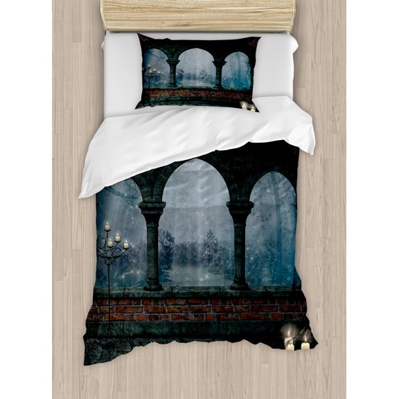 Gothic Duvet Cover Set, Medieval Castle at Night with Old Arch and Candles Middle Age Misty Image, Decorative 2 Piece Bedding Set with 1 Pillow Shams, Twin Size, Blue Grey and Red, by Ambesonne