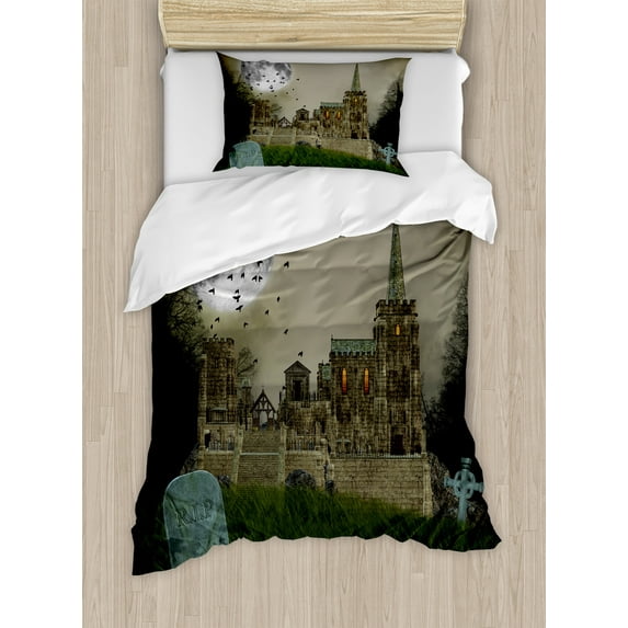 Gothic Duvet Cover Set, Old Village and Graves with Medieval Castle and Full Moon Birds Fog Horror Art, Decorative 2 Piece Bedding Set with 1 Pillow Shams, Twin Size, Beige Green, by Ambesonne