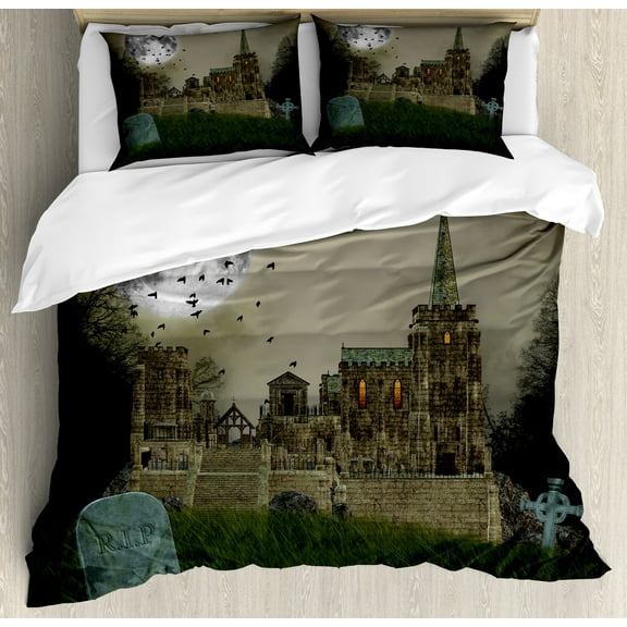 Gothic Duvet Cover Set, Old Village and Graves with Medieval Castle and Full Moon Birds Fog Horror Art, Decorative 3 Piece Bedding Set with 2 Pillow Shams, King Size, Beige Green, by Ambesonne