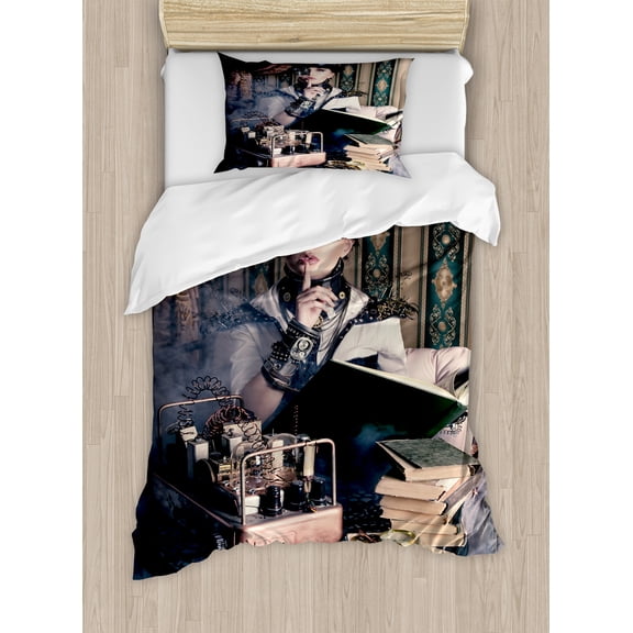 Gothic Duvet Cover Set, Portrait of Steampunk Woman with Medieval Vintage Outfit Art of Historic Fashion, Decorative 2 Piece Bedding Set with 1 Pillow Shams, Twin Size, Brown Teal, by Ambesonne