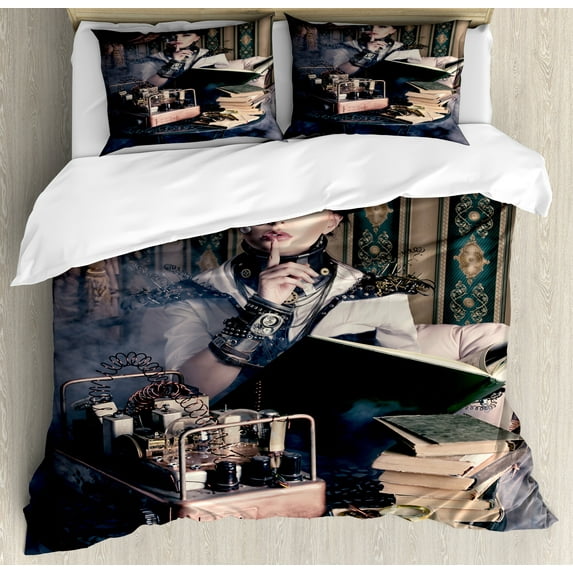 Gothic Duvet Cover Set, Portrait of Steampunk Woman with Medieval Vintage Outfit Art of Historic Fashion, Decorative 3 Piece Bedding Set with 2 Pillow Shams, King Size, Brown Teal, by Ambesonne