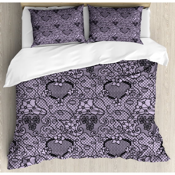 Gothic Duvet Cover Set Queen Size, Black Lace Style Needlecraft Pattern with Ornate Flowers Feminine Victorian Motifs, Decorative 3 Piece Bedding Set with 2 Pillow Shams, Lilac Black, by Ambesonne