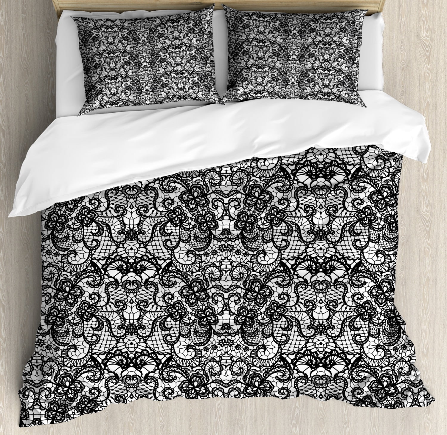 Victorian Black and White Microfiber Duvet Cover Set with Pillow Shams