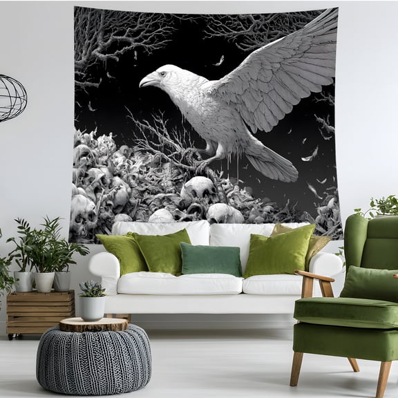 Gothic Eagle Skull Tapestry Wall Hanging, Black and White Dark Fantasy Bird Wall Decor for Bedroom Dorm Game Room