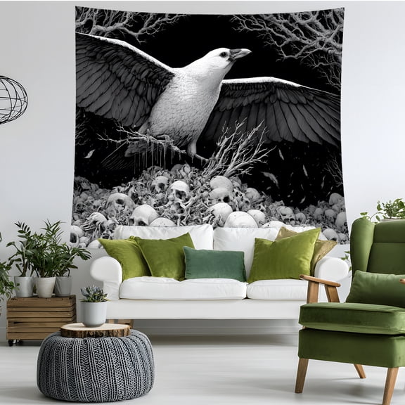 Gothic Eagle Skull Tapestry Wall Hanging, Black and White Dark Fantasy Bird Wall Decor for Bedroom Dorm Game Room