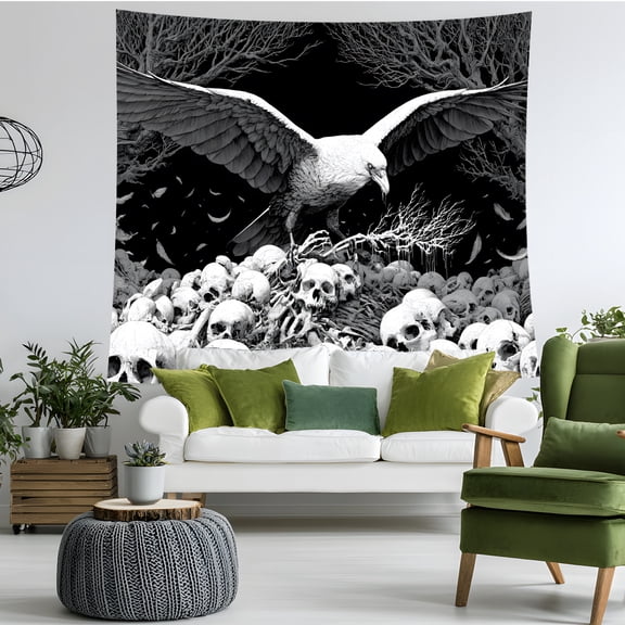 Gothic Eagle Skull Tapestry Wall Hanging, Black and White Dark Fantasy Bird Wall Decor for Bedroom Dorm Game Room
