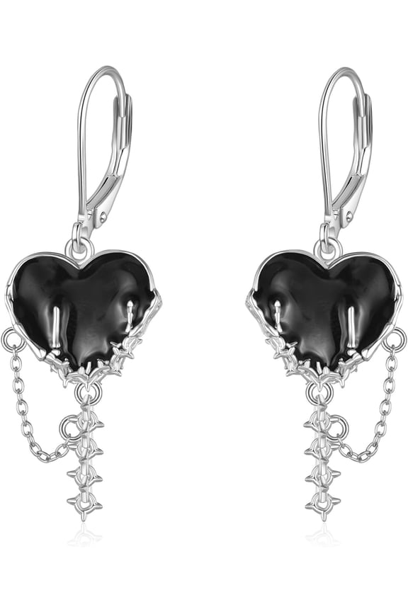 Gothic Earrings 925 Sterling Silver Black Heart And Skeleton Hand Dangle Leverback Earrings Goth Jewelry Gifts for Women Friend