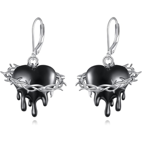 Gothic Earrings 925 Sterling Silver Black Witches Heart Dangle Dangly Drop Leverback Earrings Goth Jewelry Gifts for Women