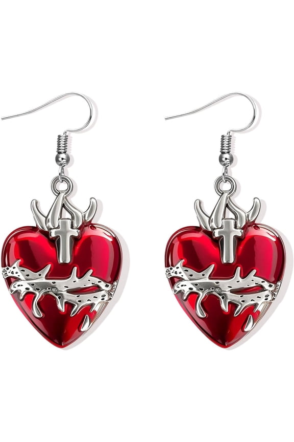 Gothic Earrings Goth Accessories,Punk Weird Red Heart Skull Dangle Earrings for Women,Halloween Vampire Grunge Jewelry
