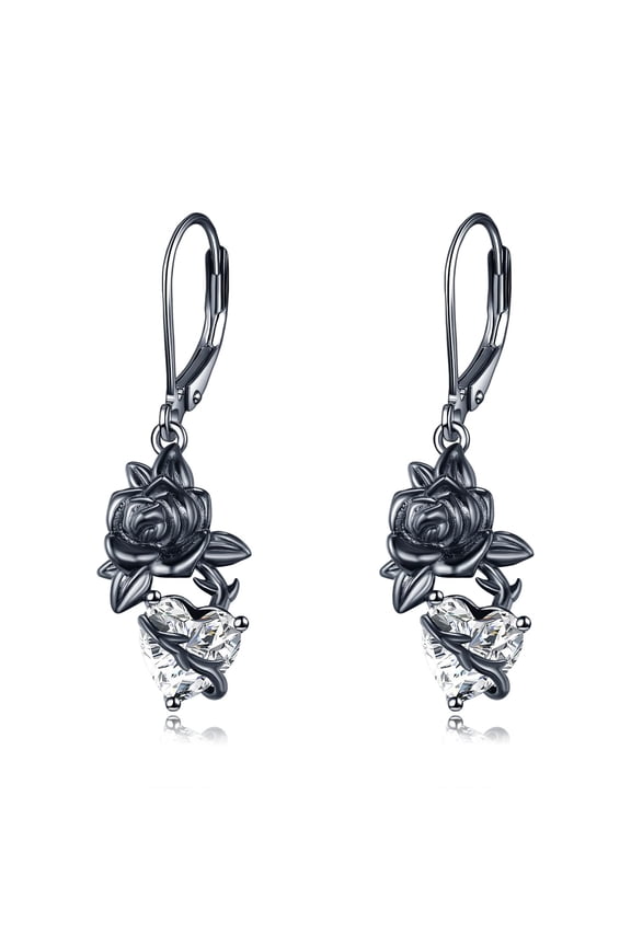 Gothic Earrings for Women Black Rose Flower Heart Dangle Earrings Goth Jewelry Gifts for Women (April birthstone rose earrings)