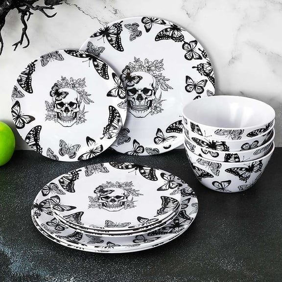 Gothic Elegance Halloween Butterfly and Skull Dinnerware Set