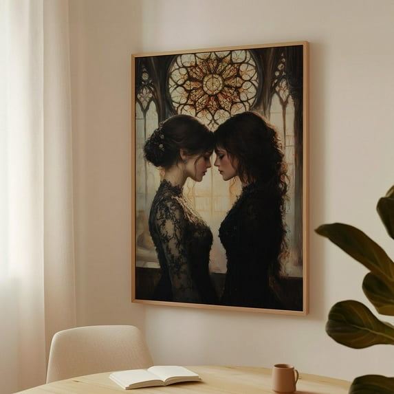 Gothic Elegance Wall Art - Two Women In Lace With Stained Glass Window, Romantic Gothic Decor, Victorian-Inspired Artwork Wall Art, Modern Wall Decor, 16x24 UNFRAMED
