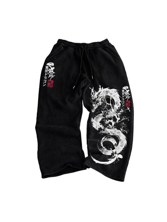 Gothic Emo Oversized Graphic Sweatpants Men Baggy Sweatpants Y2K Streetwear Pants Y2K Clothes Men Gym Dragon Print Casual Jogger Trousers