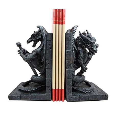 Gothic Excalibur Sword Guardian Dragon Bookend Set of Two Figurine Faux Stone
