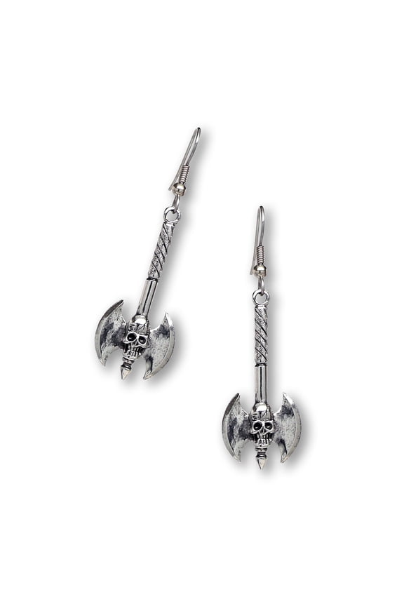 Gothic Executioner's Axe and Skull Silver Finish Medieval Renaissance Earrings Real Metal #412