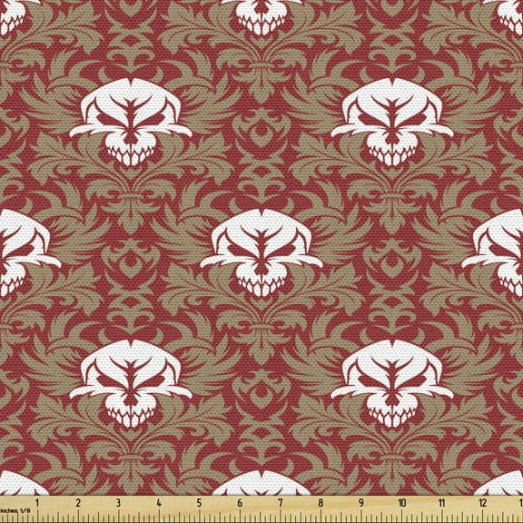 Ambesonne Gothic Fabric by the Yard Upholstery, Baroque Floral Skulls, 1 Yard, Ruby Cocoa White