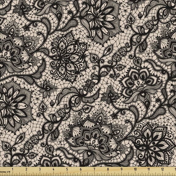 Ambesonne Gothic Fabric by the Yard Upholstery, Flowers Butterflies Lace, 3 Yards, Tan Black