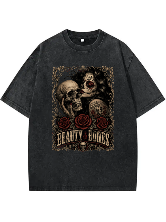 Gothic Face Painted Woman Dark Floral Ornate Graphic Vintage Oversized Washed Short Sleeve Crewneck Cotton Men's Women's Tee Shirt