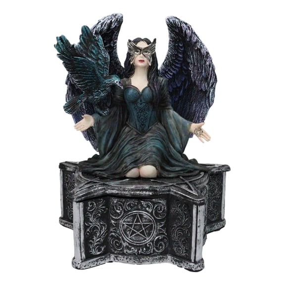 Gothic Fairy Queen With Raven Crow On Pentagram Star Decorative Box Figurine
