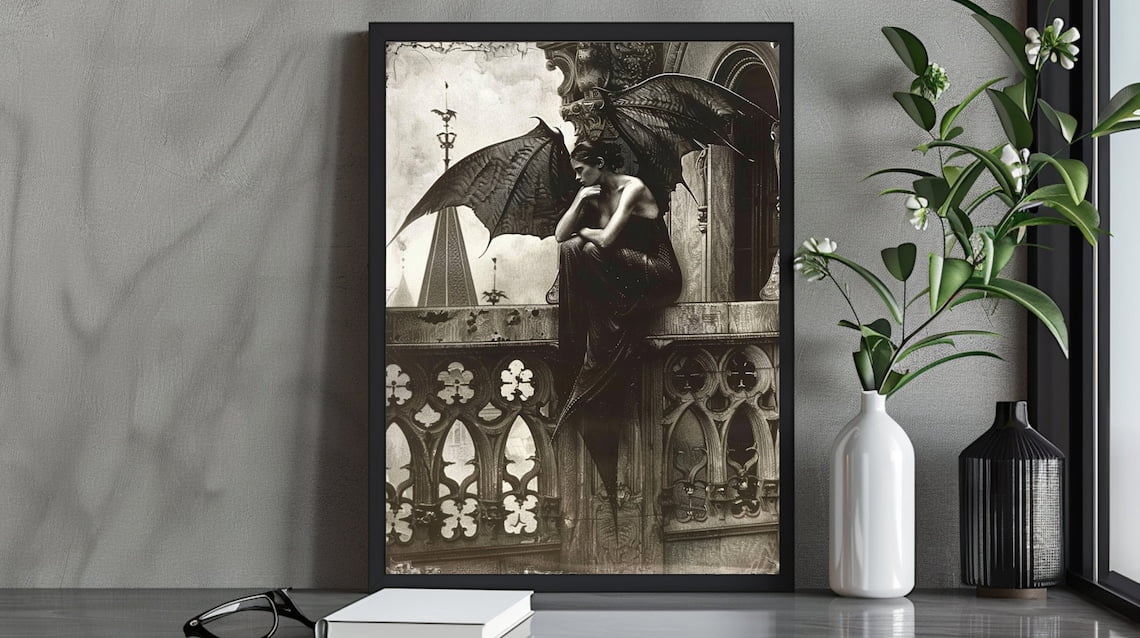 Gothic Fantasy Art Print Reflective Dark Angel On Gothic Balcony ...