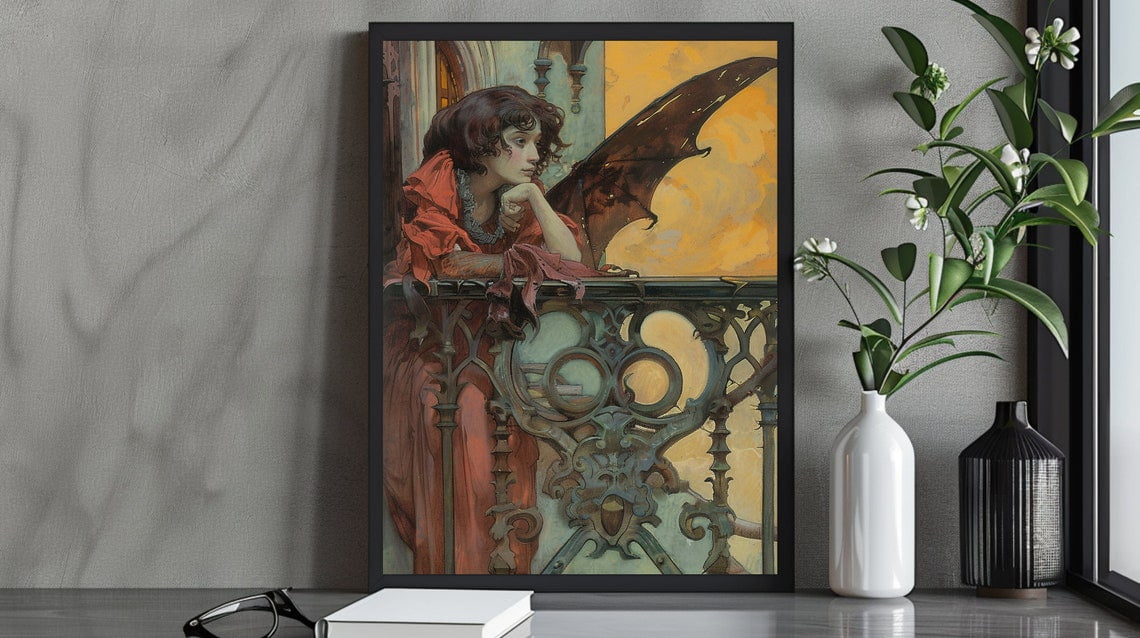 Gothic Fantasy Art Print Reflective Dark Angel In Red On Balcony ...