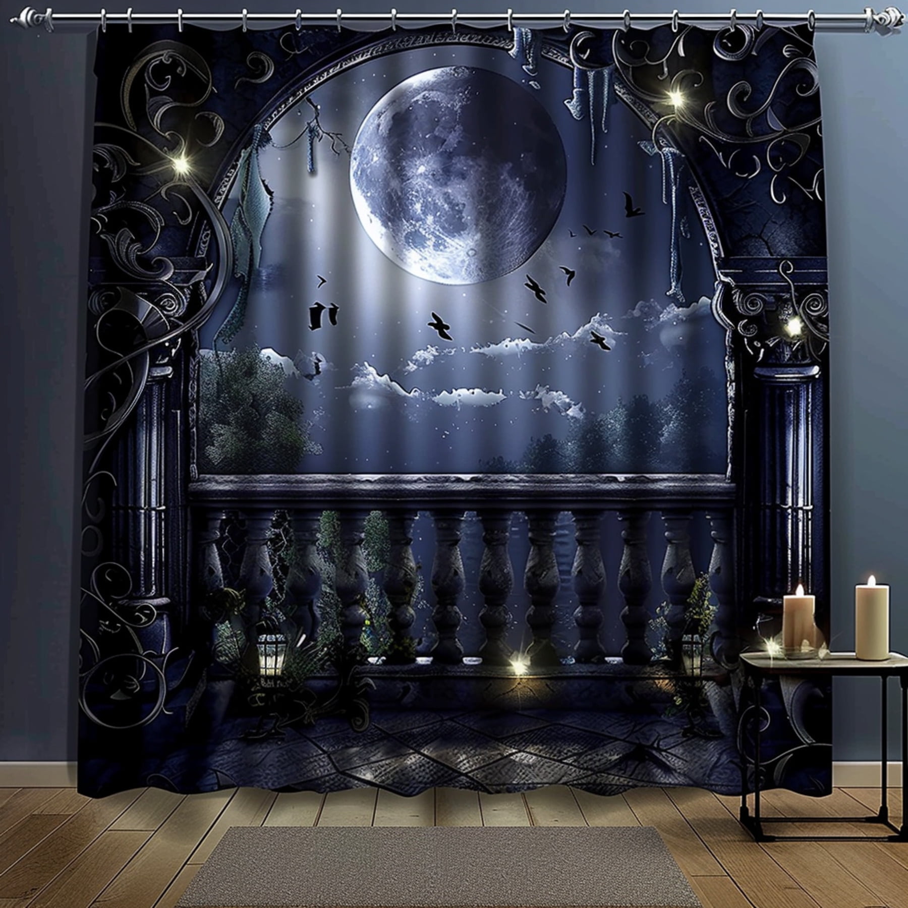 Gothic Fantasy Balcony Full Moon Night Sky Shower Curtain Hyper ...