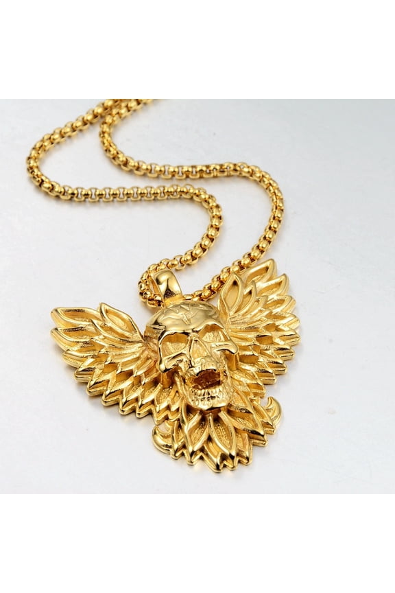 Gothic Fashion 14K Gold Domineering Skull Pendant Necklace With Wings Punk Hip Hop Male Party Jewelry Halloween Gifts