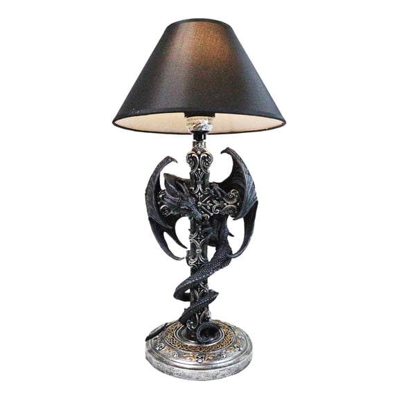 Gothic Faux Stone Dragon Perching On Celtic High Cross Sculptural Table Lamp
