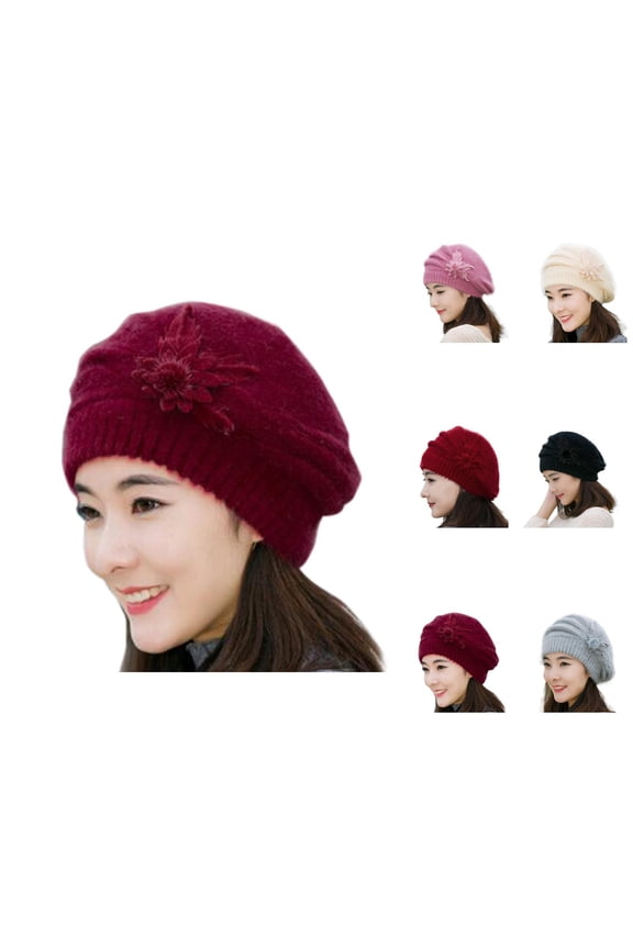 Gothic Fedora Beret And Bucket Hat, Red Beret, Straw Fedora, for Winter Beret Fashion Womens Flower Knit Crochet Beanie Hat Winter Warm Cap Beret