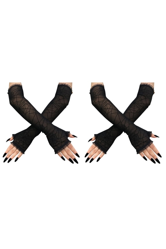 Gothic Fingerless Gloves Steampunk Lace Mesh Spider Web Arm Sleeves Long Elbow Black Arm Warmer for Cosplay Party