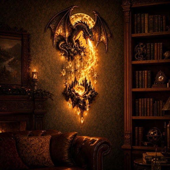 Gothic Fire LED Wall Art, Glowing Castle Crystal Hanging Decor for Dark Home, Medieval Dragon Wall Ornament