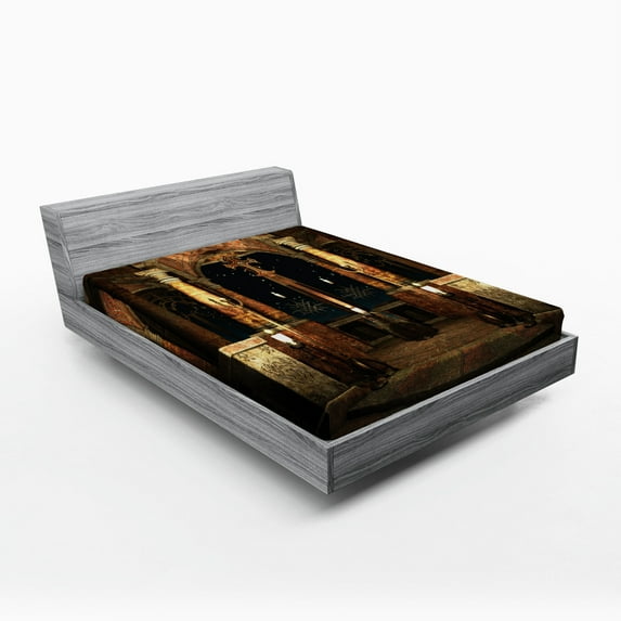 Gothic Fitted Sheet, Dark Mystic Hall with Pillars and Dome Shrine Building Illustration, Soft Decorative Fabric Bedding, Full Size, Ivory Brown Black, by Ambesonne