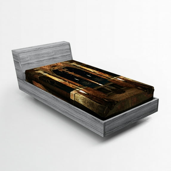 Gothic Fitted Sheet, Dark Mystic Hall with Pillars and Dome Shrine Building Illustration, Soft Decorative Fabric Bedding, Twin Size, Ivory Brown Black, by Ambesonne