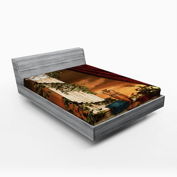 Gothic Fitted Sheet, Greek Style Scene Climber Pillow Fruits Vine and Red Curtain Sunset, Soft Decorative Fabric Bedding, Queen Size, Multicolor, by Ambesonne