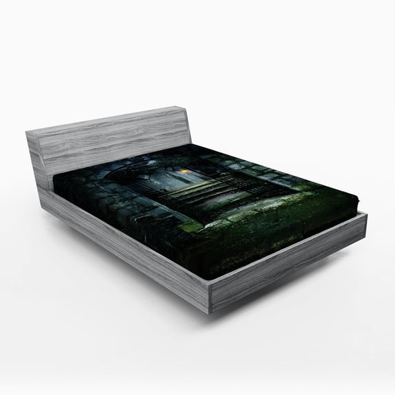 Gothic Fitted Sheet, Image of the Gate of a Dark Old Haunted House Cemetery Dead Myst Fiction Art Print, Soft Decorative Fabric Bedding, Queen Size, Grey Green, by Ambesonne