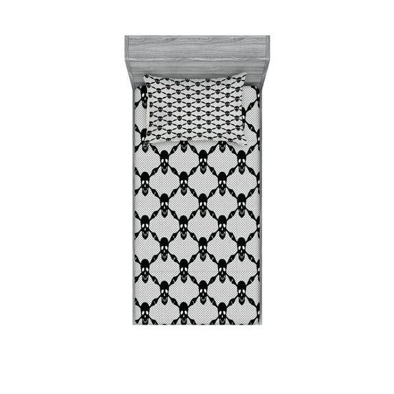 Gothic Fitted Sheet & Pillow Sham Set, Halloween Horror Theme Spooky Skeleton Bones Dark Skulls Checkered Pattern, Decorative Printed 4 Piece Bedding Decor Set, Twin, White Black, by Ambesonne