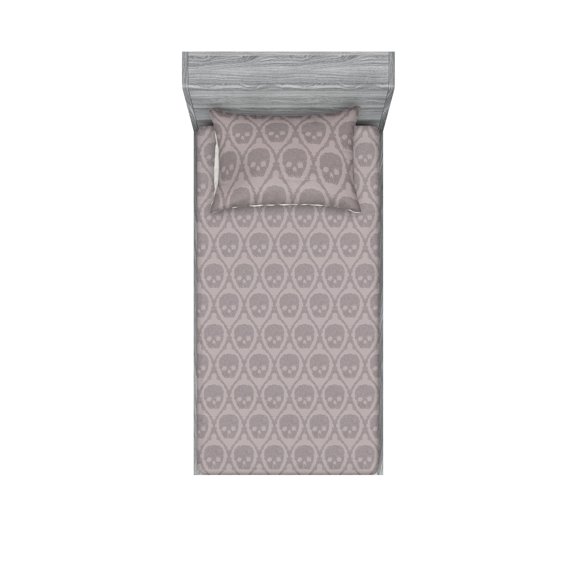 Gothic Fitted Sheet & Pillow Sham Set, Vintage Style Illustrated Skull With Linear Flower Ornament Print, Decorative Printed 2 Piece Bedding Decor, Twin, Pale Mauve and Mauve Taupe, by Ambesonne