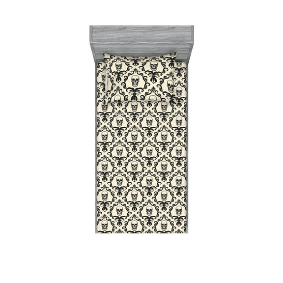 Gothic Fitted Sheet & Pillow Sham Set, Vintage Style Minimalist Illustrated Skull Damask Pattern With Blossoms, Decorative Printed 2 Piece Bedding Decor, Twin, Charcoal Grey Eggshell, by Ambesonne
