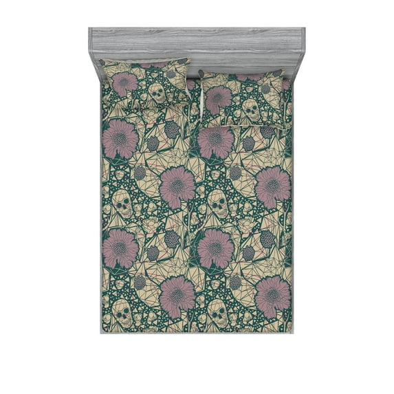 Gothic Fitted Sheet & Pillow Sham Set, Witchy Goth Vibe Skull Pattern with Dotted Circles and Flowers, Decorative Printed 3 Piece Bedding Decor, King, Pale Lilac Champagne and Teal, by Ambesonne