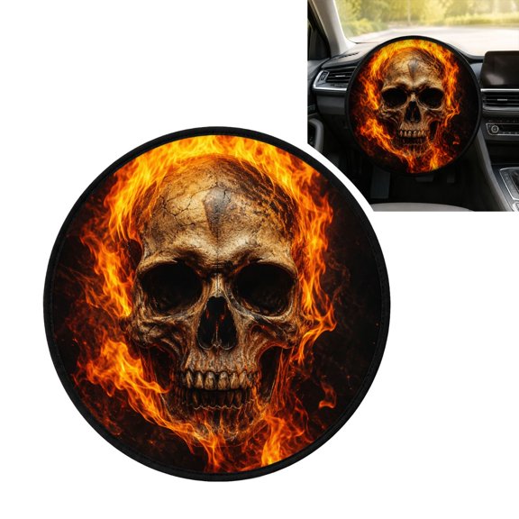 Gothic Flaming Skull Intense Fire Steering Wheel Sun Shade Cover, Universal Fits up to 15.5 in, Foldable Sun Protector
