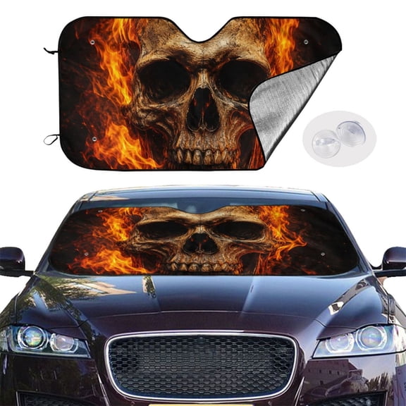 Gothic Flaming Skull Intense Fire Windshield Sunshade Sun Shade Front Window Car Sun Visor Protector for Truck SUV Blocks UV Ray,M
